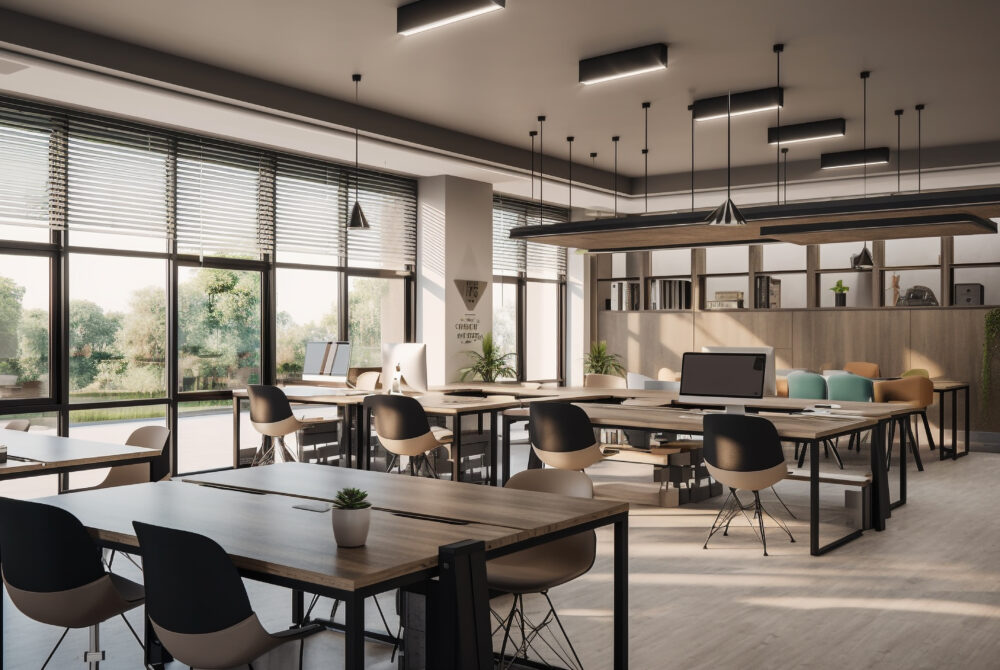Modern office with no people, luxury chair generated by artificial intelligence