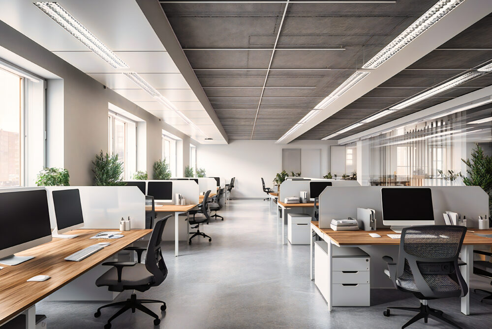 an empty, white office with rows of cubicles and desks